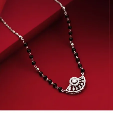 925 Sterling Silver Semi-Circular Fan Pendant Mangalsutra for Women | Black Bead Daily Wear Silver Mangalsutra