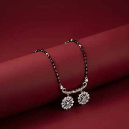 925 Sterling Silver Double Floral Charm Mangalsutra for Women | Black Bead Traditional Silver Mangalsutra