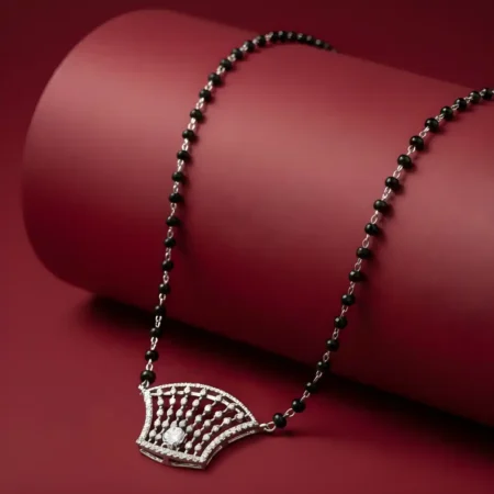 925 Sterling Silver Designer Fan-Shaped Mangalsutra for Women | Black Bead Silver Mangalsutra Necklace