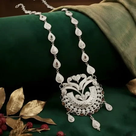 Traditional Silver-Tone Paisley Pendant Necklace | Ethnic Teardrop Chain Statement Jewelry for Women