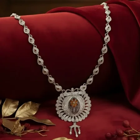 925 Sterling Silver Handcrafted Long Necklace with Floral Filigree Pendant for Women