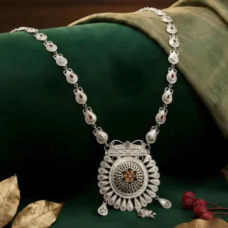 925 Sterling Silver Heritage Long Necklace with Sunburst Filigree Pendant for Women