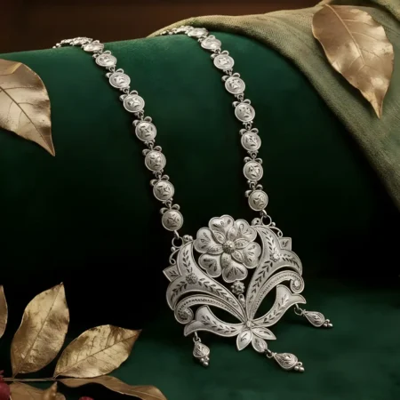 925 Sterling Silver Floral Motif Long Necklace with Coin Chain & Handcrafted Pendant for Women