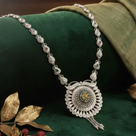 925 Sterling Silver Heritage Floral Long Necklace with Filigree Pendant & Tear Drop Chain for Women