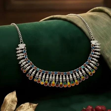 925 Sterling Silver Handcrafted Multicolor Enamel Drop Choker Necklace for Women