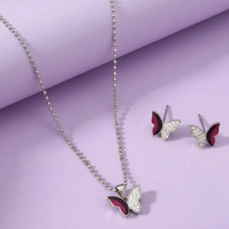 The Velvet Box Elegant Silver Butterfly Pendant with Matching Pink & Purple Enamel Earrings