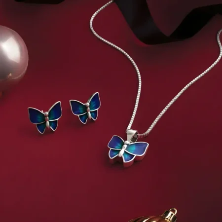 925 Sterling Silver Blue Butterfly Pendant Necklace with Matching Stud Earrings for Women & Girls