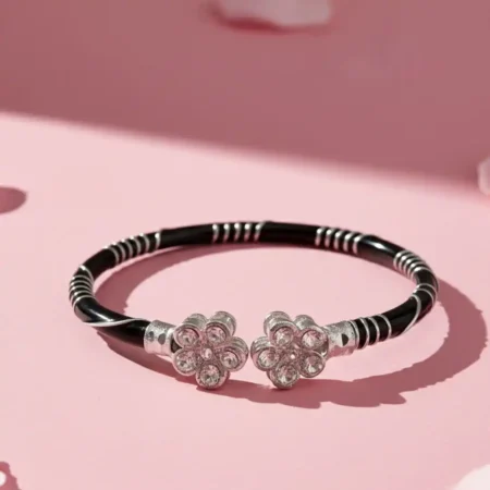 925 Sterling Silver Black Enamel Floral Noya Bangle for Women