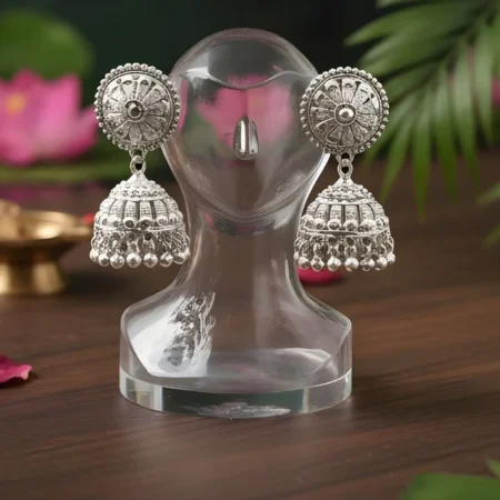 925 Sterling Silver Chandni Jhumka Earrings with Floral Stud & Beaded Drops