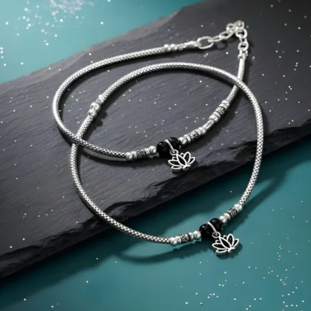 The Velvet Box Wholesale – 925 Sterling Silver Sacred Lotus Charm & Black Onyx-Style Beaded Anklets (Pair)