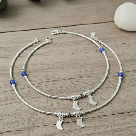 925 Sterling Silver Blue Bead & Crescent Moon Charm Anklets