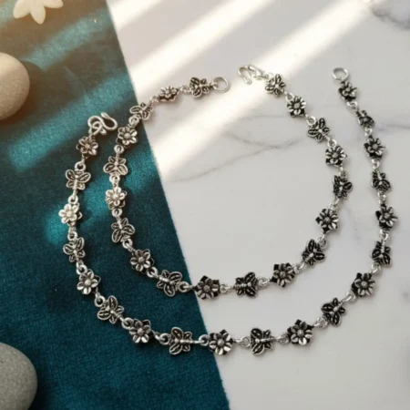 925 Sterling Silver Oxidized Floral Anklet Pair | Traditional Silver Payal | Wholesale Jewelry