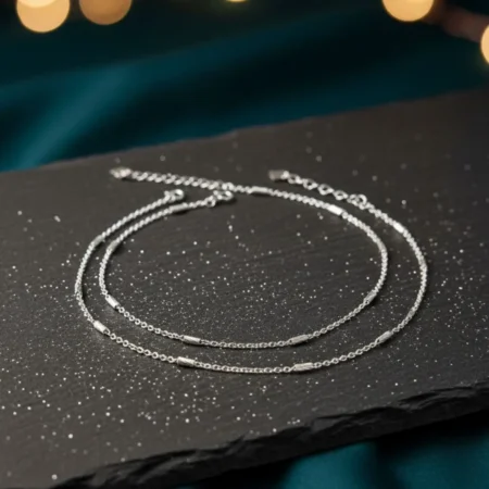 The Velvet Box Wholesale – 925 Sterling Silver Textured Bar & Shimmering Link Chain Anklets (Pair)