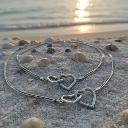 The Velvet Box Wholesale – 925 Sterling Silver Interlocking Double Heart Charm Anklets (Pair)