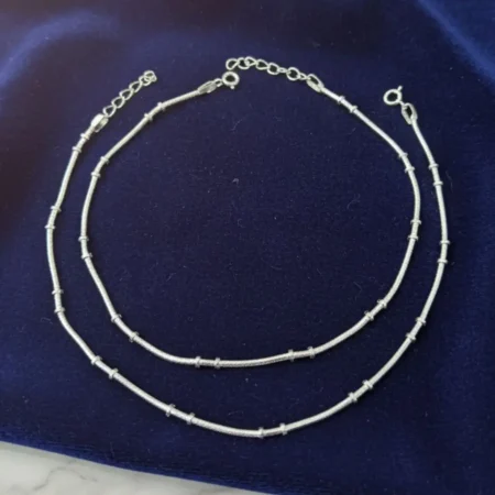 925 Sterling Silver Minimalist Beaded Snake Chain Anklets | Elegant Silver Payal (Set of 2)