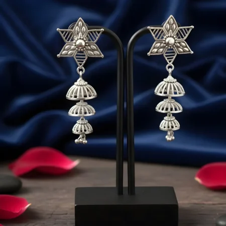 925 Sterling Silver Star Floral Stud Triple-Layered Jhumka Earrings for Women