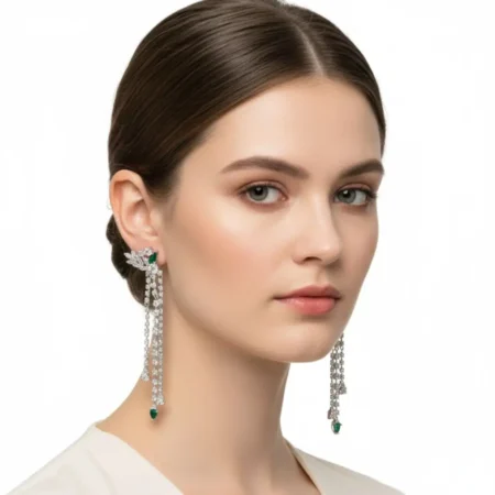 925 Sterling Silver Long Tassel Drop Earrings with Green Stone for Women