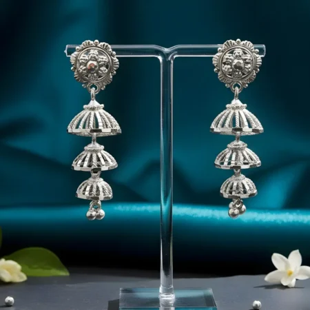 925 Sterling Silver Floral Stud Triple-Layered Jhumka Earrings for Women