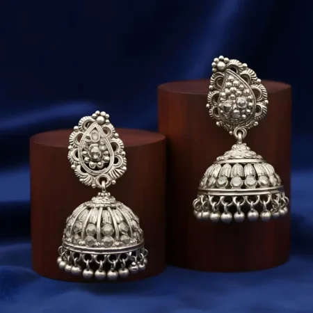 925 Sterling Silver Oxidized Jhumka Earrings with Intricate Filigree Design