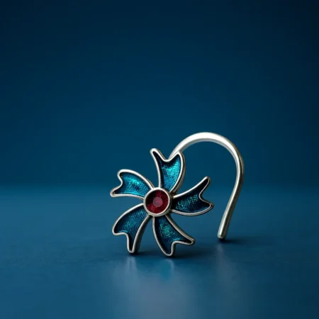 925 Sterling Silver Teal Flower Nose Pin with Red Stone Center