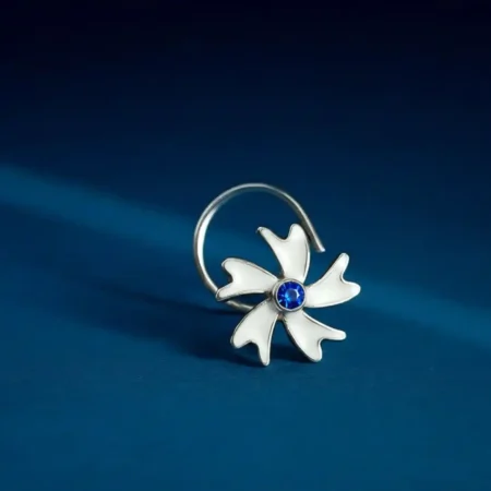 The Velvet Box 925 Sterling Silver White Floral Nose Pin with Blue Stone for Women