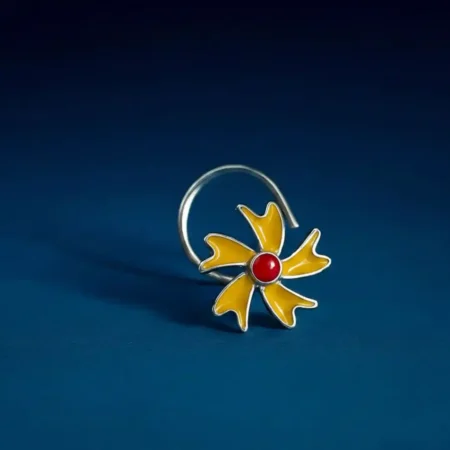 The Velvet Box 925 Sterling Silver Yellow Enamel Floral Nose Pin with Red Stone for Women