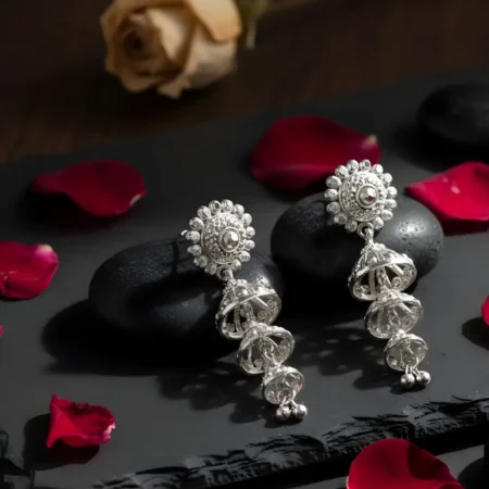 925 Sterling Silver Round Floral Stud Triple-Layered Jhumka Earrings for Women