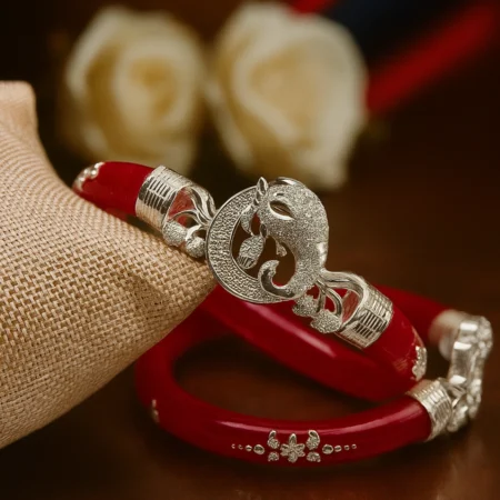 Traditional Red Silver Pola Bangle with Ganesh Motif | Handcrafted Ethnic Jewelry