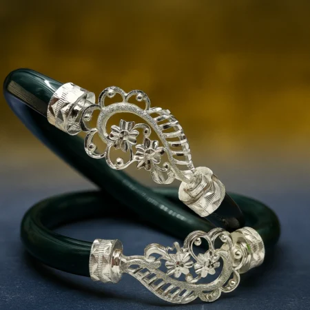 Elegant Dark Green Silver Pola Bangle with Floral Filigree Design | Handcrafted Traditional Jewelry