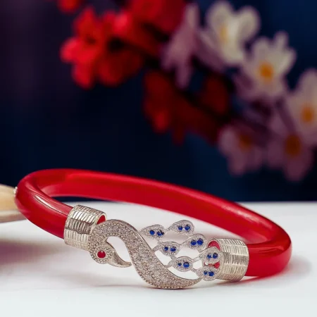 The Velvet Box Red Pola Peacock Design Bracelet | Traditional Mayuri Style Bangle | Party & Festive Wear
