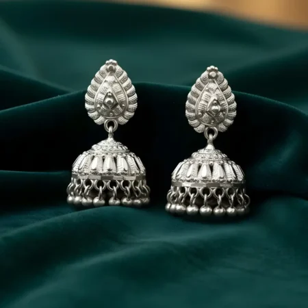 925 Sterling Silver Traditional Jhumka Earrings with Textured Dome & Ghungroo Drops