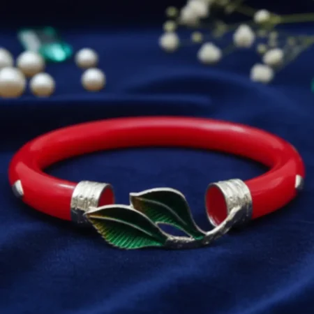 The Velvet Box Wholesale 925 Sterling Silver Pola Leaf Design Red Bangle