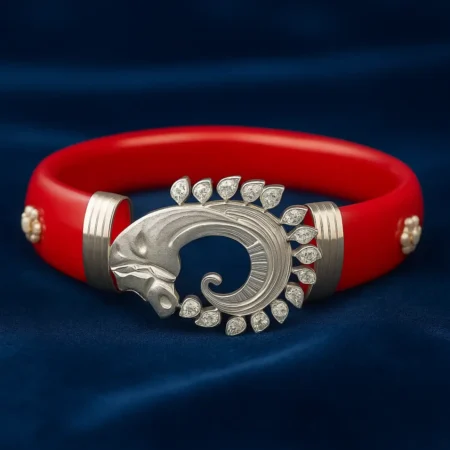 The Velvet Box Wholesale – Designer Red Single Bangle with Silver Peacock-Inspired Motif