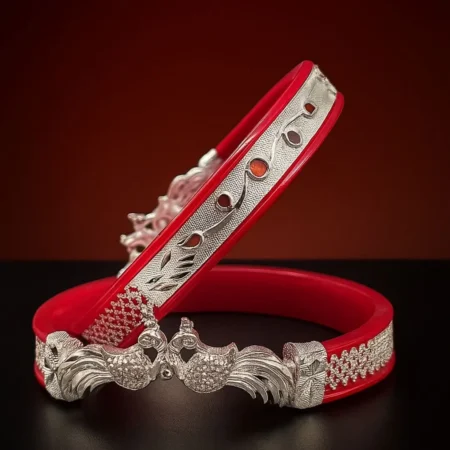 The Velvet Box Wholesale 925 Sterling Silver Pola Peacock Design Red Bangles (Pair)