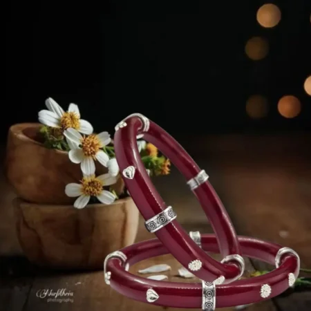The Velvet Box Wholesale 925 Sterling Silver Pola Studded Design Maroon Bangles (Pair)