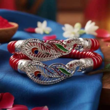 The Velvet Box Wholesale – Designer Red Bangle Pair with Silver Peacock Enamel Centerpiece