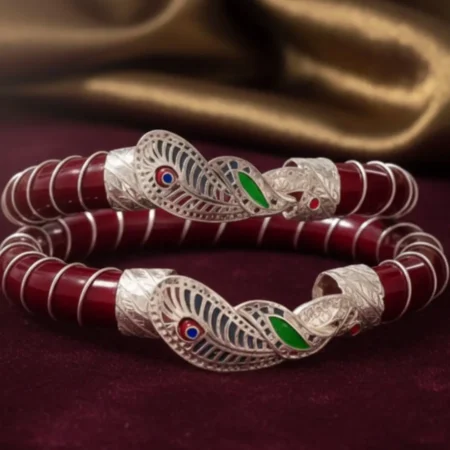 Traditional Silver Kada Bracelet with Red Enamel & Filigree Design – Velvet Box Packaging (Wholesale)
