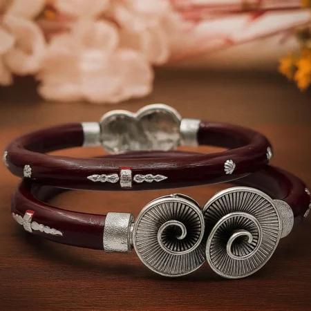 The Velvet Box Wholesale 925 Sterling Silver Pola Spiral Design Maroon Bangles (Pair)