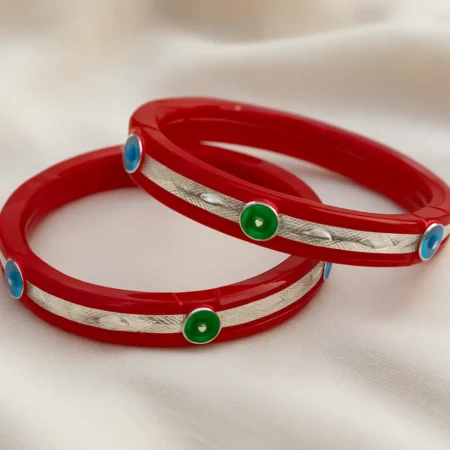 The Velvet Box Wholesale – Elegant Red Bangle Pair with Silver Cutwork & Green Enamel Stud Design