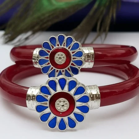 The Velvet Box Wholesale 925 Sterling Silver Pola Floral Enamel Design Maroon Bangles (Pair)