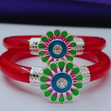 The Velvet Box Wholesale 925 Sterling Silver Pola Floral Enamel Design Red Bangles (Pair)