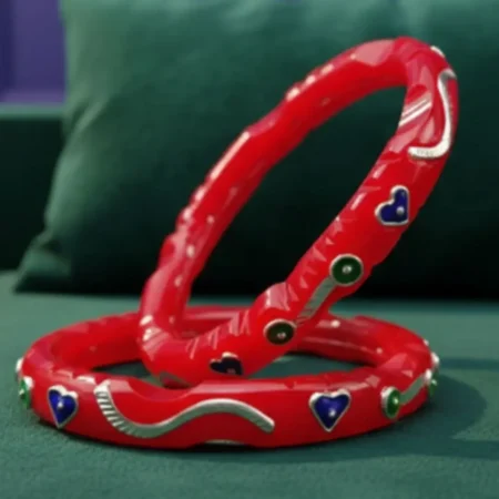 The Velvet Box Wholesale – Designer Red Bangle Pair with Heart Enamel & Silver Accent Design