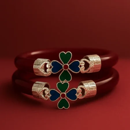 The Velvet Box Wholesale – Elegant Maroon Bangle with Silver Floral Enamel Design (Pair)