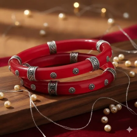 The Velvet Box Wholesale 925 Sterling Silver Pola Studded Design Red Bangles (Pair)
