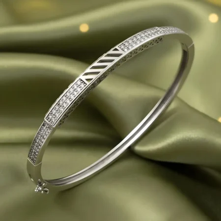 Modern Minimalist Silver Bangle with Intricate Lattice Detail