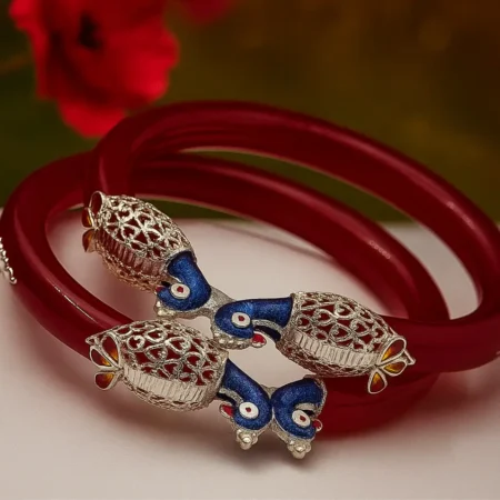 Red Bangle Bracelet with Peacock Motif Silver Clasp