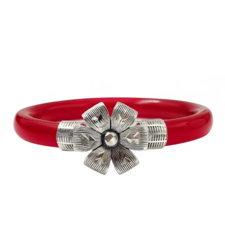 The Velvet Box Wholesale Red Pola Floral Bracelet with Silver Tone Centerpiece | Traditional Ethnic Bangle