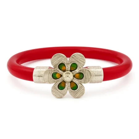 The Velvet Box Red Pola Floral Bracelet | Silver-Tone Flower Design Traditional Bangle