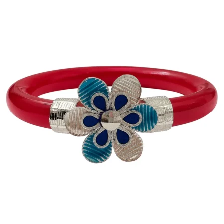The Velvet Box Red Pola Floral Bracelet | Traditional Silver-Toned Flower Design Bangle for Women