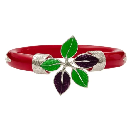 The Velvet Box Red Pola Leaf Design Bracelet | Silver-Toned Multicolor Leaf Pattern Traditional Bangle
